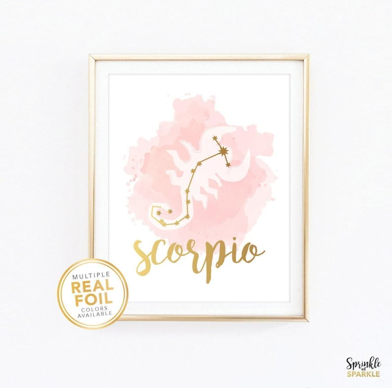 This, Scorpio Zodiac sign, Wall Art Print is made using gold foil. The perfect decor for a little boy or girls nursery, bed room or play room. Comes in 8.5x11, 8x10, 5x6, 4x6 and more.
