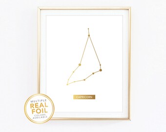 Capricorn Print Zodiac Sign Constellation Astrology Horoscope December January Birthday Gift Gold Home Decor Wall Art 8.5x11 8x10 5x7 4x6