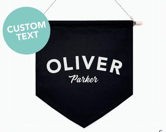 Custom Name Banner, Name Banner, Black Canvas Banner, Personalized Wall Art, Birth Info Birth Announcement, Baby Room Decor, Canvas flag 03