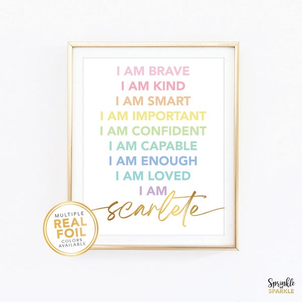 Custom I am brave,  Child Affirmation wall art,  Personalized name, Gold foil wall art, Pastel room decor, girl bedroom decor, rainbow 02