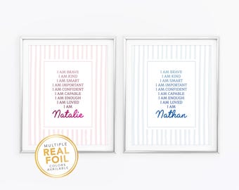 Láminas de afirmación para habitación de gemelos: "Soy valiente, amable, inteligente y amado", arte de pared, juego de 2, decoración vintage a rayas en rosa neutro y azul.