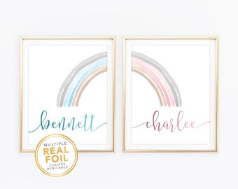 Custom Brother and Sister Wall Art - Blue Pink Rainbow Siblings Prints - Real Foil Art Twins Personalized Name Print Shared Room Decor Gift
