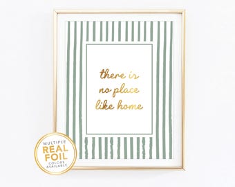 Impresión "No hay lugar como el hogar", frase para la entrada en lámina dorada, "Hogar, dulce hogar", póster de bienvenida con rayas verde oliva salvia, arte minimalista para pared.