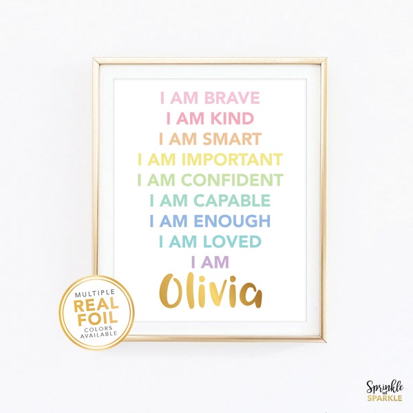 Custom I am brave,  Child Affirmation wall art,  Personalized name, Gold foil wall art, Pastel room decor, girl bedroom decor, rainbow 01