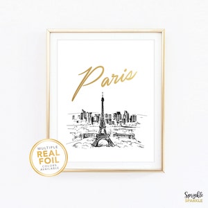 Gold foil Print, Paris, Paris Sketch, Eiffel tower, Paris Skyline, France, Real Foil Print, Silver foil, Wall Art, Black & White home decor