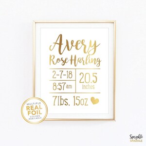 Newborn Baby Birth Stats Birth Announcement Wall Art Print in Gold Foil - Date of Birth - Boys Room - Girls Nursery Art, Baby Shower Gift 01