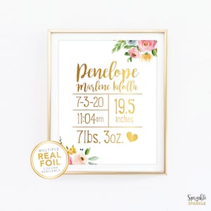 Newborn Baby Birth Statistic Art -  Wall Art print, Real Foil Print, Floral Flowers , Boy Girl Nursery art, baby shower gift 04