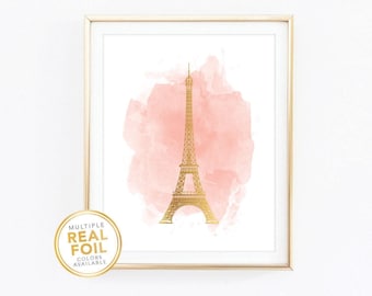 Eiffel Tower Wall Art Print in Pink Ink and Gold Foil - Eiffel Tower Paris France - Parisian Skyline - City of Light - la Ville Lumière
