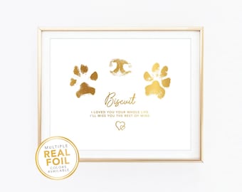 Puede incluir: Impresión enmarcada con huellas de patas en pan de oro y el nombre "Biscuit". El texto dice: "Te amé toda tu vida. Te extrañaré el resto de mi vida". Una pegatina dorada indica que hay varios colores de pan de oro disponibles.