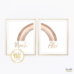 Sisters Brothers Print - Siblings Twins Room Wall Art - Personalized Custom Name Neutral Boho Rainbow Brown Tones Rose Gold Foil Decor Gift