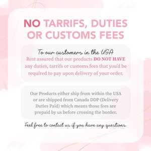 a pink and white flyer with text stating no taries, duties or customs fees