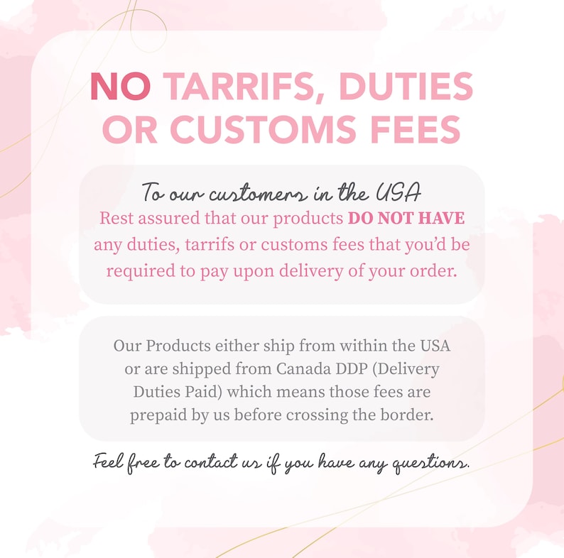 a pink and white flyer with text stating no taries, duties or customs fees