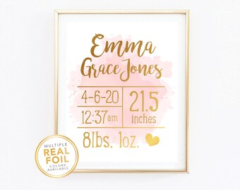 Birth Announcement Sign - Newborn Baby Birth Stats Print -  Real Gold Foil Wall Art - Boy Girl Nursery Art - Baby Shower Gift 016 #Mia