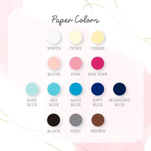 a color palette of various shades of paper colors, including white, ivory, creme, pink, hot pink, blue, aqua, navy, and midnight blue.