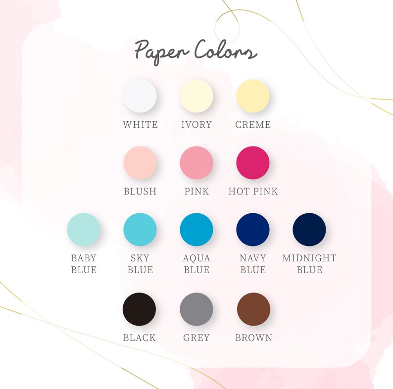 a color palette of various shades of paper colors, including white, ivory, creme, pink, hot pink, blue, aqua, navy, and midnight blue.
