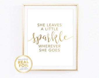 She leaves a little sparkle gold glitter pink arrow girls room nursery printPrintable artBaby shower gift