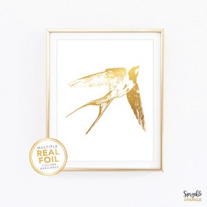 Hirondelle, Impression de feuille d’or, Feuille réelle, Impression de feuille d’argent, Décoration intérieure, Art, Mur de galerie, Andorinha portugaise