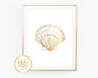 Sea Shell Wall Art - Gold Foil Sea Shell Print - Gold Seashell Art - Beach Decor - Tropical Wall Art - Ocean Sign 8.5x11 8x10 5x7 4x6 - 16