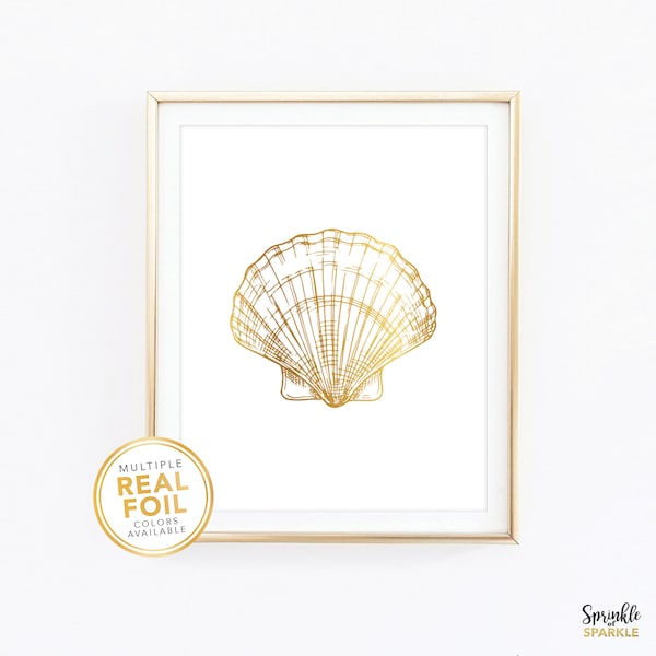 Sea Shell Wall Art - Gold Foil Sea Shell Print - Gold Seashell Art - Beach Decor - Tropical Wall Art - Ocean Sign 8.5x11 8x10 5x7 4x6 - 16