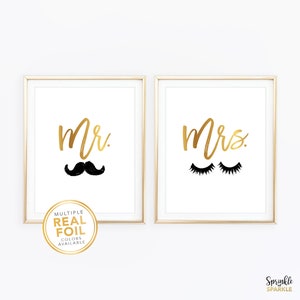 Mr and Mrs Prints with Gold Foil- His and Hers Set of 2, Real Foil, Silver foil, Gold foil, Home Decor, Wall Art, Wedding Bedroom Decor 02
