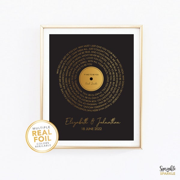 Paroles de chanson personnalisées imprimées sur vinyle, première danse, véritable feuille d'aluminium, chanson de mariage, cadeau pour couple, premier cadeau d'anniversaire de mariage