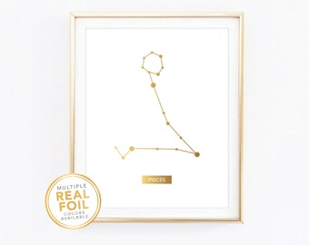 Pisces Print Zodiac Sign Constellation Astrology Horoscope February March Birthday Gift Gold Foil Home Decor Wall Art 8.5x11 8x10 5x7 4x6