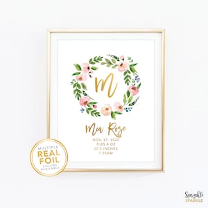 Newborn Baby Birth Stats Birth Announcement Wall Art Print - Floral Wreath - Gold Foil - Boy Girl Nursery Art - Baby Shower Gift 08