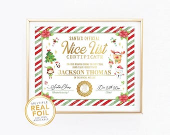 Santa's Official Nice List Certificate with Real Gold Foil Elements - Customizable Custom Personalized Santa Claus Christmas Nice List Print