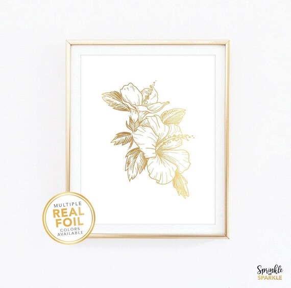 Hibiscus Wall Art Print in Gold Foil - Botanical Flower Floral Tropical Amazon Rainforest Plant Art Decor 4x6 5x7 8x10 - 02