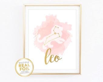 Leo Print Zodiac Sign Constellation Astrology Horoscope July August Birthday Gift Rose Gold Foil  Home Decor Wall Art 8.5x11 8x10 5x7 4x6