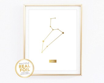 Leo Print Zodiac Sign Constellation Astrology Horoscope July August Birthday Gift Rose Gold Foil  Home Decor Wall Art 8.5x11 8x10 5x7 4x6
