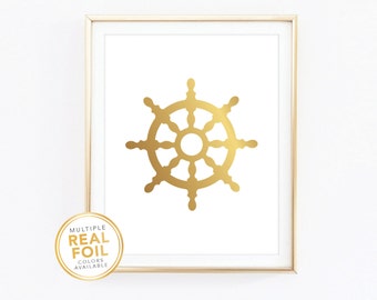 Boat's Wheel Rose Gold Foil Print Beach House Cottage Nautical Sailor Ship Vessel Real Foil Print Gallery Wall Art Home Decor Living Room