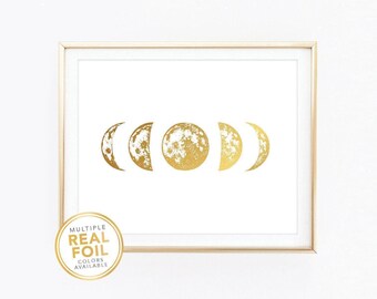 Moon Phases, Gold wall art print, Real Golf foil, Silver foil print, Home Decor, Gallery Wall, Moon Phases art, Real Gold foil wall art 01