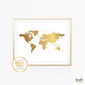 World Map, Wall art Print, Real Gold foil, graduation gift, Silver foil, Gold foil, Gold Home Decor, Minimalist art, Gold world map