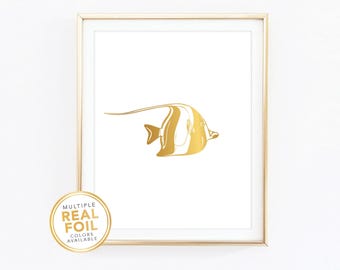 Angel fish Wall Art, Gold Angel fish  Print, Angel fish Art, Angel fish Print, Gold Foil Angel fish, Ocean Decor, Tropical Beach Theme Decor