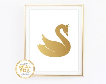 Swan Nursery Decor - Swan Nursery Print - Baby Girls Nursery Decor - Gold Foil Wall Art - Swan with a Crown - Rose Gold Baby Shower Gift