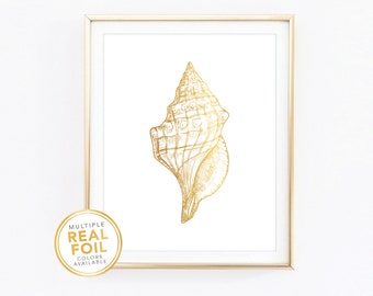 Conch Wall Art in Gold Foil - Seashell Print - Conch Print - Tropical Wall Art - Beach Print - Florida Horse Conch - Beach House Art 17