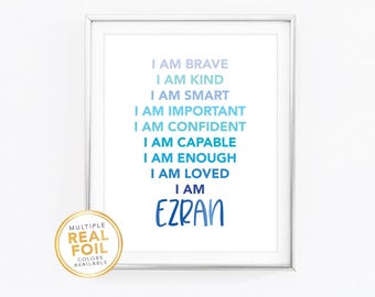 Boys Affirmation Wall Art Print - I am Print - Affirmation Sign - Blue Nursery Decor - Blue Boys Room - I am brave I am kind I am smart