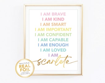 Custom I am brave,  Child Affirmation wall art,  Personalized name, Gold foil wall art, Pastel room decor, girl bedroom decor, rainbow 02