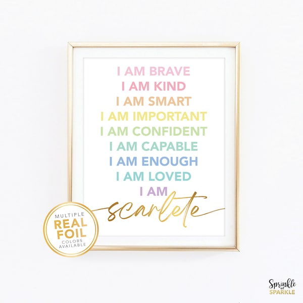 Custom I am brave,  Child Affirmation wall art,  Personalized name, Gold foil wall art, Pastel room decor, girl bedroom decor, rainbow 02