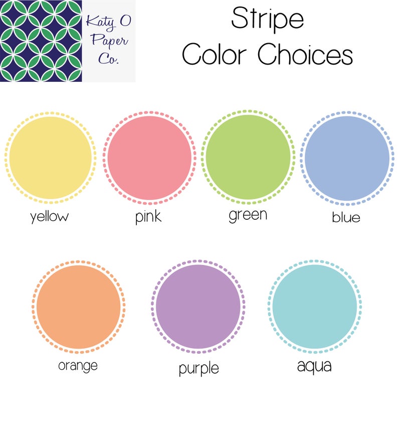 May include: A chart showing color choices for stripes. The colors are yellow, pink, green, blue, orange, purple, and aqua.
