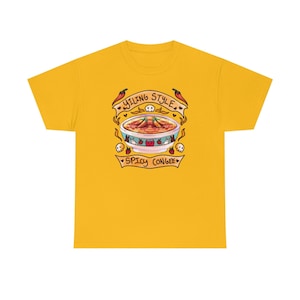 May include: Yellow t-shirt featuring a cartoon illustration of a bowl of spicy congee with the text "Yiling Style Spicy Congee" in a banner.