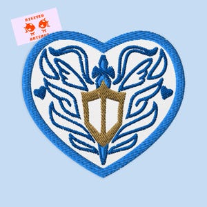 May include: Blue and gold embroidered heart-shaped patch with a stylized design of a shield and floral elements.