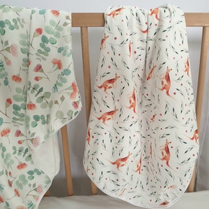 Kangaroo and eucalyptus leaf organic baby blanket!