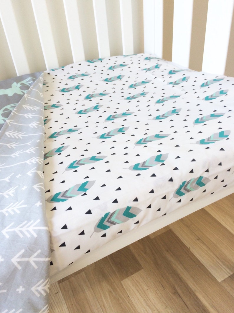 Baby Cot Sheet Aqua feathers baby bedding Turquoise feathers baby crib sheet Modern Fitted Crib Sheet
