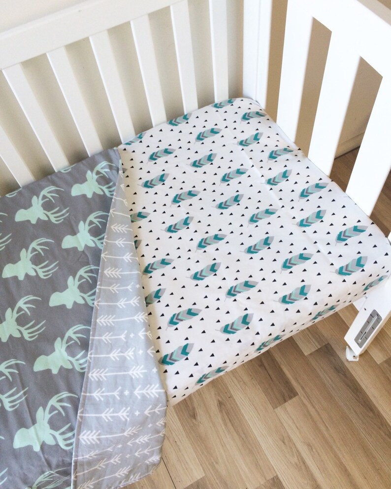 Baby Cot Sheet Aqua feathers baby bedding Turquoise feathers baby crib sheet Modern Fitted Crib Sheet