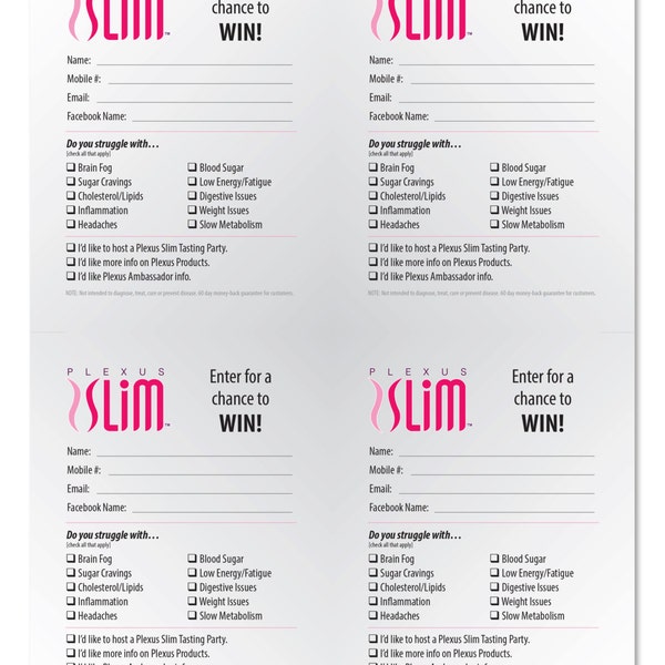 Plexus "Enter to win" Drawing & Info Gathering Sheets - 8.5 x 11 - (trims to four 4.25 x 5.5)