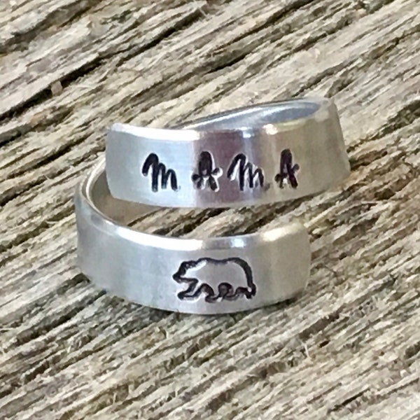 Mama Bear Hand Stamped Wrap Around Ring