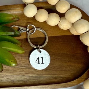 May include: A silver key chain with a round tag that says "41" on it. The keychain is on a wooden surface with a green succulent plant.