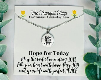 Love Peace Joy Necklace- Necklace & Card - Hand Stamped Jewelry - Faith Pendant - Christian Necklace- Charm Necklace - Silver|Gold|Rose Gold